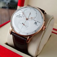 Reef Tiger/RT Men Luxury Automatic Watch Rose Gold Power Reservce Mechanical Watch Brown Leather Strap Analog Waterproof Watches