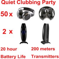 Silent Disco Complete System Black Fold Wireless Headphones - Quiet Clubbing Party Bundle (50 Headphones + 1/2/3 Transmitters)