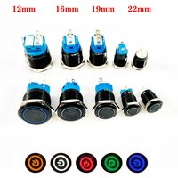 Black Push Button Switch 12/16/19/22mm Waterproof Illuminated Led Light Metal Flat Momentary Switches with Power Mark 5V 12V 24V