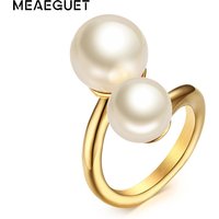 Meaeguet Fashion Gold-Color Simulated Pearl Rings For Woman Accent Bypass Open Stainless Steel Party Jewelry