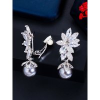 CWWZircons No Hole Design Cubic Zirconia Long Flower Gray Pearl Clip On Women Wedding Party Earrings without Piercing CZ898