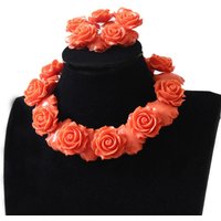 Dudo Jewellery Set 25mm Coral Flowers 18 Inches Necklace 8 Inches Bracelet with Earrings African beads Nigerian Wedding New
