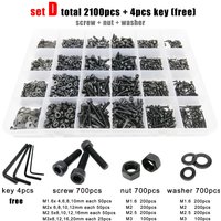 400/2100pc M1.6 M2 M2.5 M3 M4 M5 Black Grade 12.9 Steel Hexagon Hex Socket Cap Head Screw Bolt Nut Washer Set Assortment Kit Box