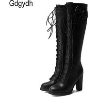Gdgydh 2022 Autumn Winter Women Knee-High Motorcycle Boots Thick Heel Platform Bow-knot Female Wedding Boots Plus Size 48 Gothic