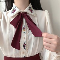 Retro Vintage Embroidery Bow Tie Tops Autumn Basic Wear Elegant Formal Single Breasted Button Solid White Shirts