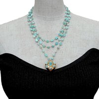 KKGEM 27x28mm Heart-Shaped Larimar Pendant statement necklace for women 18'' 3 Strds Natural Blue Larimar Rosary Chain Necklace