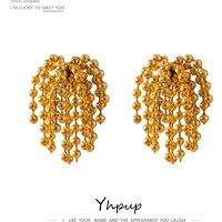 Yhpup Statement Tassel Bead Stud Earrings Gold Stainless Steel Waterproof Fashion Jewelry 18 K Plated Metal Women