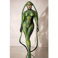 Halloween Rave Party Role-playing Stage Clothes Green bodysuit snake Spandex Stretch Skinny Jumpsuit Men Women Cosplay Costume