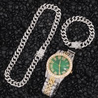 Necklace +Watch+Bracelet Hip Hop Miami Curb Cuban Chain Gold Iced Out Paved Rhinestones CZ Bling Rapper For Men Jewelry 20inch