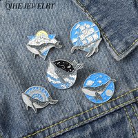 Flying Whales Enamel Pins Orca Wave Brooches Jumping Humpback Whale Lapel Pin Sailing Starry Sky Iceberg Ocean Theme Jewelry