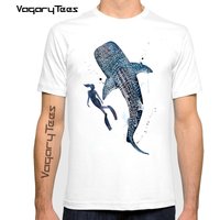 T-shirt classique à manches courtes, motif de peinture aquarelle représentant un plongeur libre et un requin-baleine, art marin, art de la vie marine, nouveau modèle.