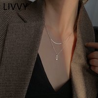 LIVVY Silver Color Double Layer Ellipse Zircon Pendant Necklace Female Clavicle Chain Simple Elegant Handmade Jewelry