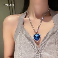 FYUAN Big Blue Heart Crystal Necklaces for Women Long Chain Pendant Necklaces Statement Jewelry