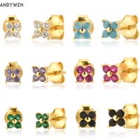 ANDYWEN 925 Sterling Silver 12 Colors Four Zircon CZ Stud Earring Tiny Fine Jewelry Piercing Rock Punk Party Gift Clips Wedding
