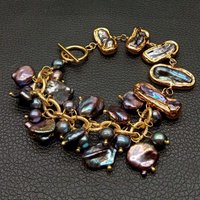 YYGEM Vintage Style natural Black Top-Drilled Keshi Pearl Biwa freshwater Pearl Gold Filled Wrap Bracelet 8"
