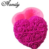 Aomily Silicone Rose fleurs Fondant chocolat moule coeur amour savon moule bougie polymère argile moules artisanat bricolage formes Base outil