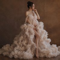 Robes de maternité de luxe pour la photographie, à volants et fente, grande taille, pour baby shower, fluides, taille empire, en tulle, personnalisables