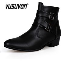 VUSUVON Fashion Men Spring Autumn Pointed Toe Height Increase Chelsea Ankle Boots Western High Top Casual Shoe PU Leather