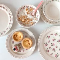 Ceramic Plate French Style Retro Floral Reliefs Food Plate Yogurt Salad Bowl Dessert Plate Dish Dinner Wedding Set Dinner Plates