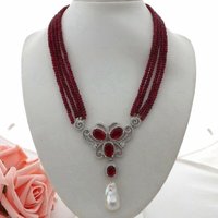 Y·YING 19” 4 Strands4mm Faceted Rondelle Red Jades Necklace White Keshi Pearl CZ Pave Pendant