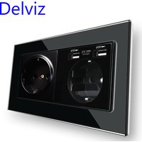 Delviz Wall Double 16A Outlet, With 5V 2A USB Charging Ports, AC 110V~250V, Black Tempered Crystal Glass Panel EU Standard Socke