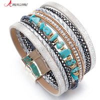 Amorcome Boho Naturstein Lederarmbänder für Frauen Weiblich Vintage Geflochtenes Seil Breites Mehrschichtiges Wickelarmband Herrenschmuck
