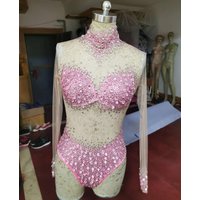 Sexy Mesh Transparent Stones Bodysuit Birthday Party Outfit Rhinestones Rompers Women Singer Team Dance Pink White Blue Costume
