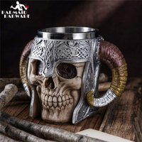 600ml Viking Skull Mug Stainless Steel Coffee Mugs Travel Cup Horn Drinking Tea Mug Halloween Mug Decoration Ceramic Tiki Mug