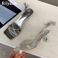 Eilyken Summer Fashion Silver Narrow Band Women Sandals Square Toe Gladiator Ankle Lace-up Casual Thin Low Heels Shoes