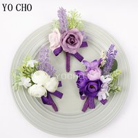 Purple Silk Roses Wedding Groomsmen Boutonniere Buttonhole Man Suit Decor Wedding Marriage Bridesmaids Corsage Bracelet Flowers