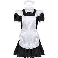 Mens Sissy Maid Cosplay Costume Puff Sleeve Frilly Satin French Apron Servant Babydoll Dress Roleplay Crossdress Club Nightwear