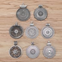 6pcs Bohemia Flower Round Circles Antique Silver Color Charms Pendants for Necklace Jewelry Findings Making Accessories