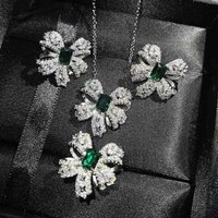 Foydjew High-end Jewelry Butterfly Silver Color Jewelry Sets Simulation Emerald Bowknot Pendant Necklaces Rings Stud Earrings