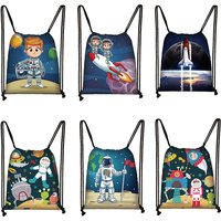 Space Astronaut Print Drawstring Bag Rocket Galaxy Children's School Backpack Youth Storage Bag Gift