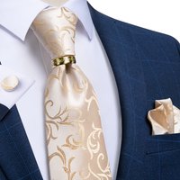 Beige Floral Men's Ties Handkerchief Cufflinks Wedding Party Ties For Men Stainless Steel Dragon Ring Men Accessories Gift