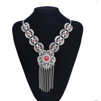 Gypsy Red Blue Stone Vintage Long Tassel Necklaces for Women Boho Turkish Tribal Afghan Hollow Flower Necklace Party Jewelry