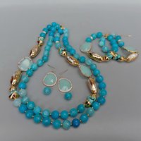 2 Rows Blue Faceted Agate Turquoise Cultured White Biwa Pearl Crystal Necklace Bracelet Earrings Set