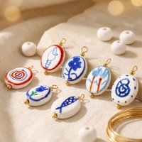 5pcs Ceramic Charms Oval Beads Dark Blue Double Sided Hand-Painted Fish Flower Conch Brass Pendants For DIY Necklace Making