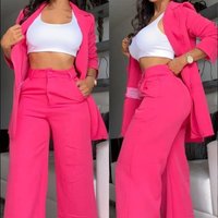 2Pieces Women's Elegant Solid Color Lapel Suit + Straight Pant Set Open-Sleeved Sleeve Single-breasted Business Streetwear Suit
