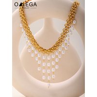 Stainless Steel Crawler Necklace Bracelet For Women 18k Gold Plated Imitation Pearl Tassel Charm Women's Necklaces Bracelets Set