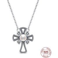 925 Sterling Silver Pearl Cross Necklace 45cm Vintage Pearl & CZ Cross Pendant Necklace Anniversaries Jewelry Gifts For Women