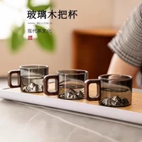 6Pcs glass, high borosilicate glass with built-in distant mountain teacups, and acacia-resistant with wooden handles.
