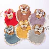 3Pcs/set Solid Muslin Cotton Baby Bibs & Lace Headbands Princess Boys Girls Saliva Towel Feeding Burp Cloths Nylon Hair Bands