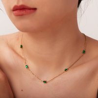 Dainty Emerald CZ Station Necklace Gold Plated Ideal Birthday Gift Non Tarnish Women's Daily Statement Jewelry
