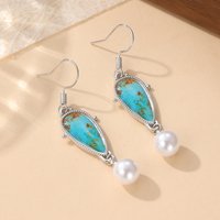 Elegant Court Style Turquoise Drop Earrings For Women Silver Color With Synthetic Pearl Pendant Earrings Banquet Jewelry Gifts
