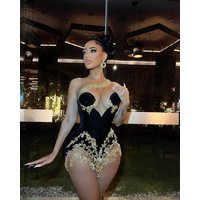 Black Velvet Mini Evening Cocktail Dress customsized Gold Crystal Applique Sheer Mesh Birthday Queen Gown vestidos de gala