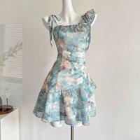 sexy Korean fashion green flower print swimsuit one piece ruffles irregular backless mini dress culottes bikinis padded swimwear