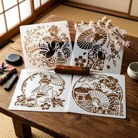 4Pcs Japanese Geisha Pattern Stencils Reusable Cherry Blossom Mount Fuji Templates for DIY Craft Home Wall Fabric Painting