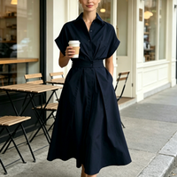 2026 New Fashion Solid Long Dress Short Sleeve Loose Elegant Summer Dress Buttons A-line Party Women's Slim Waist Dress