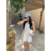 【WENRAN】Women's Summer White Crew Neck Sleeveless Dress Gentle A-line Slim Short Dress